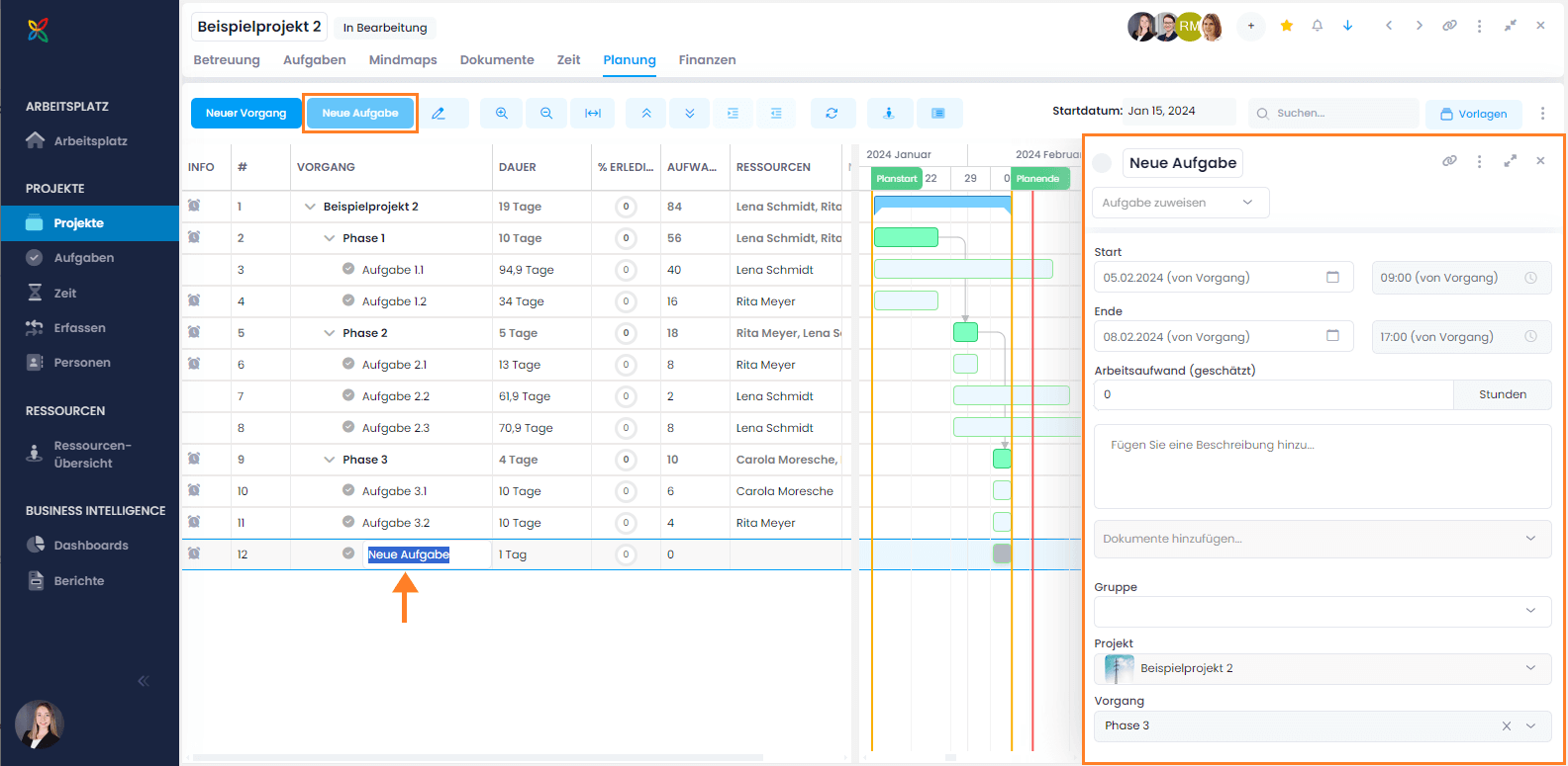 Create and edit a new task in the Gantt planning