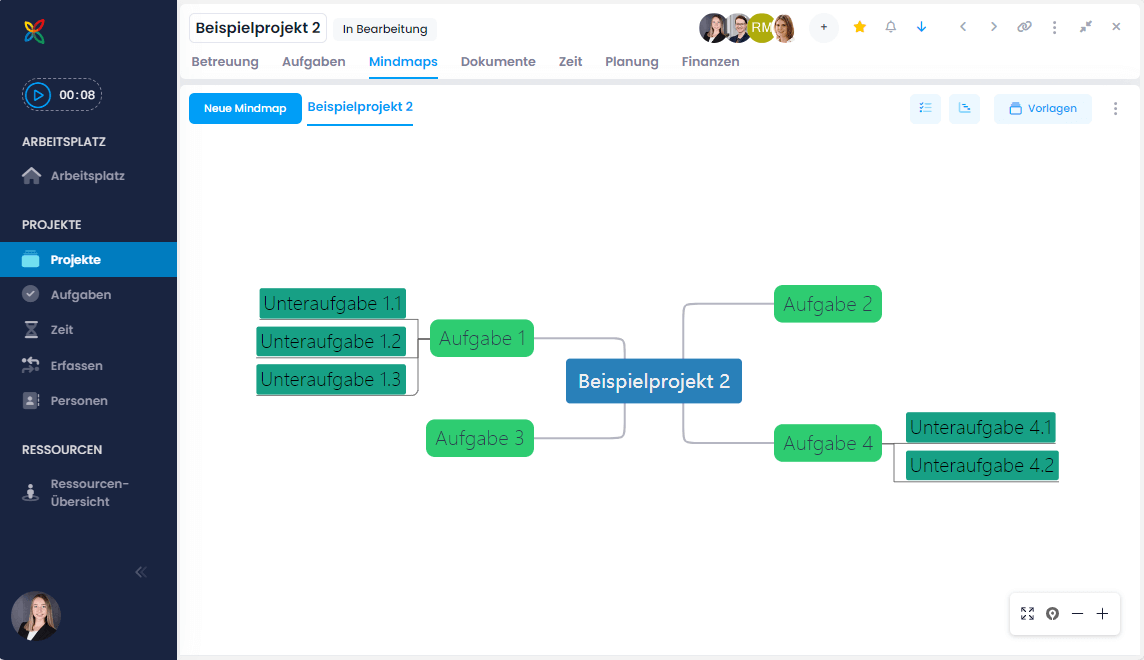 Example InLoox mind map with tasks as nodes
