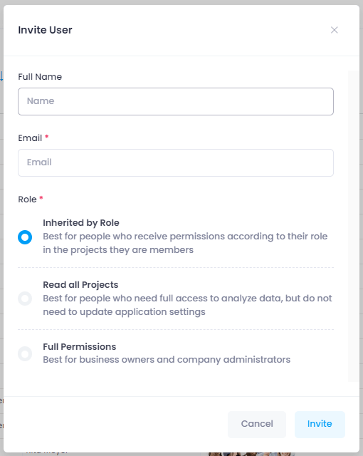 Invite user — enter name, email, and role