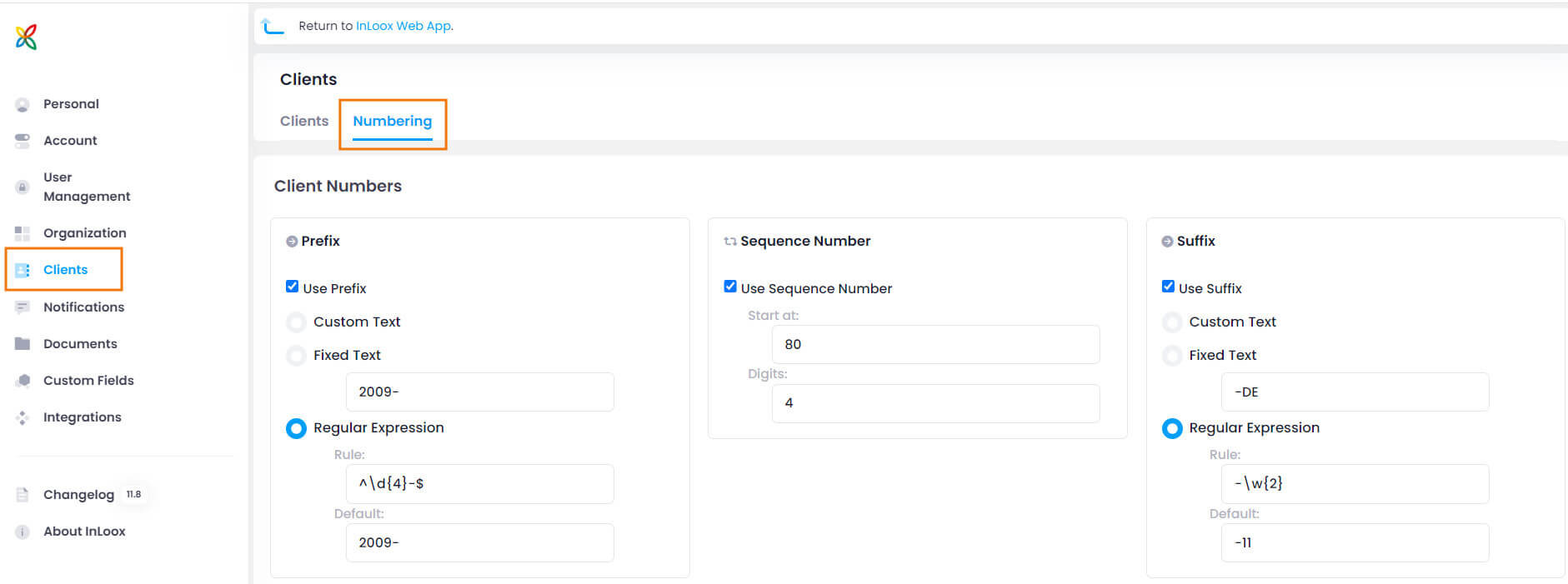 InLoox Client Settings - Numbering