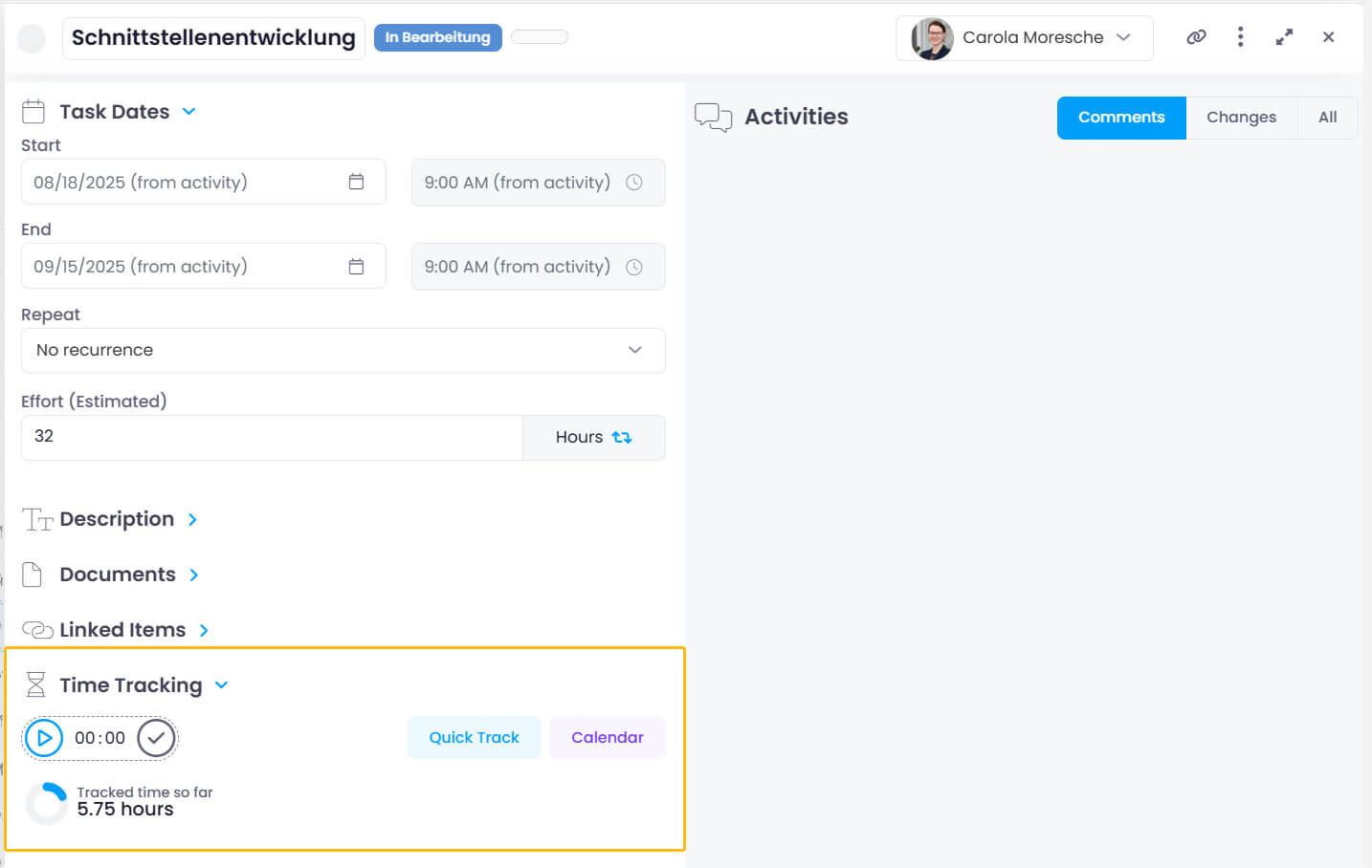 Create time entry from a project task