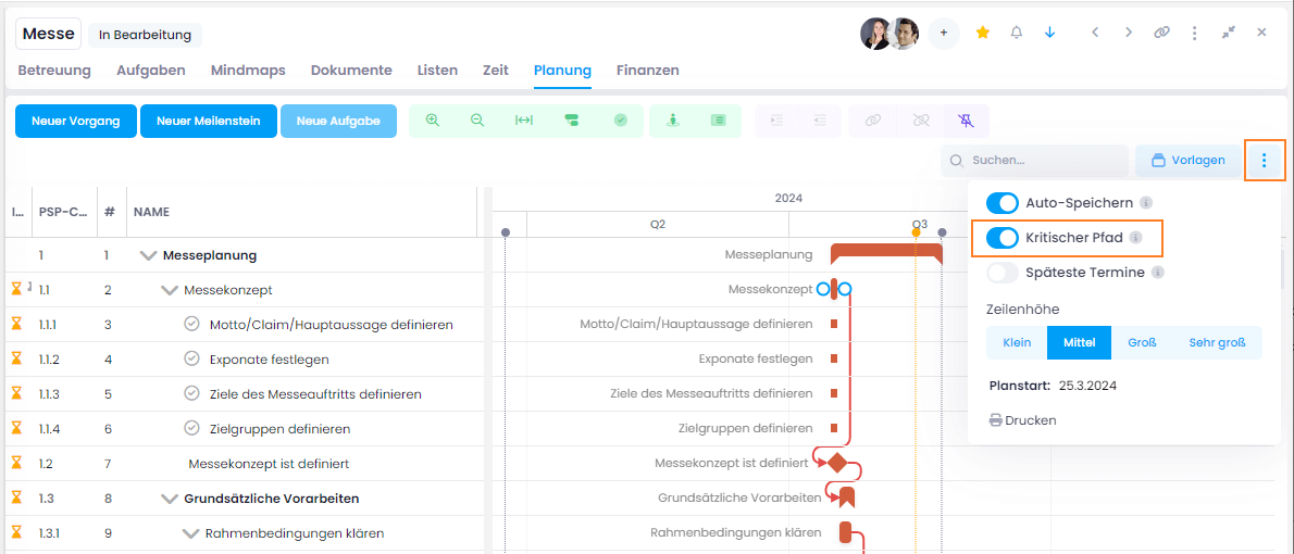 Critical path highlighted in red in the Gantt chart