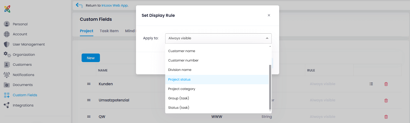 Display rules of custom fields