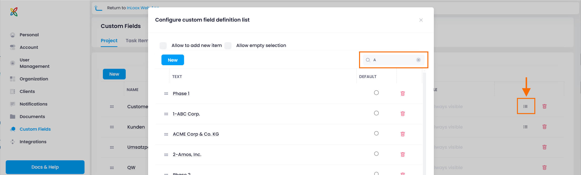 Search list entries in custom fields
