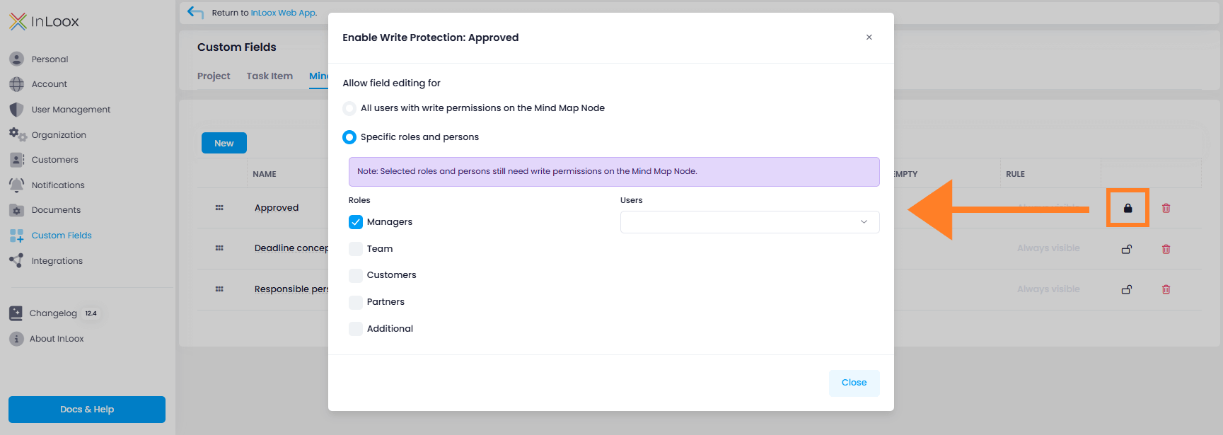 Define write protection for custom fields