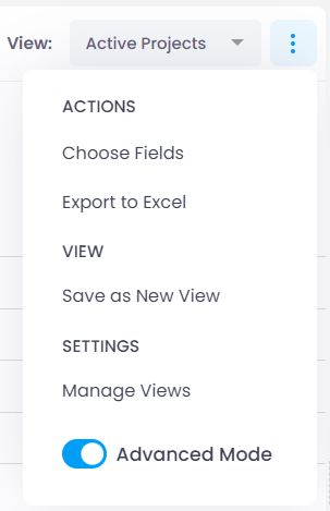 Dropdown menu in the project list Dropdown menu