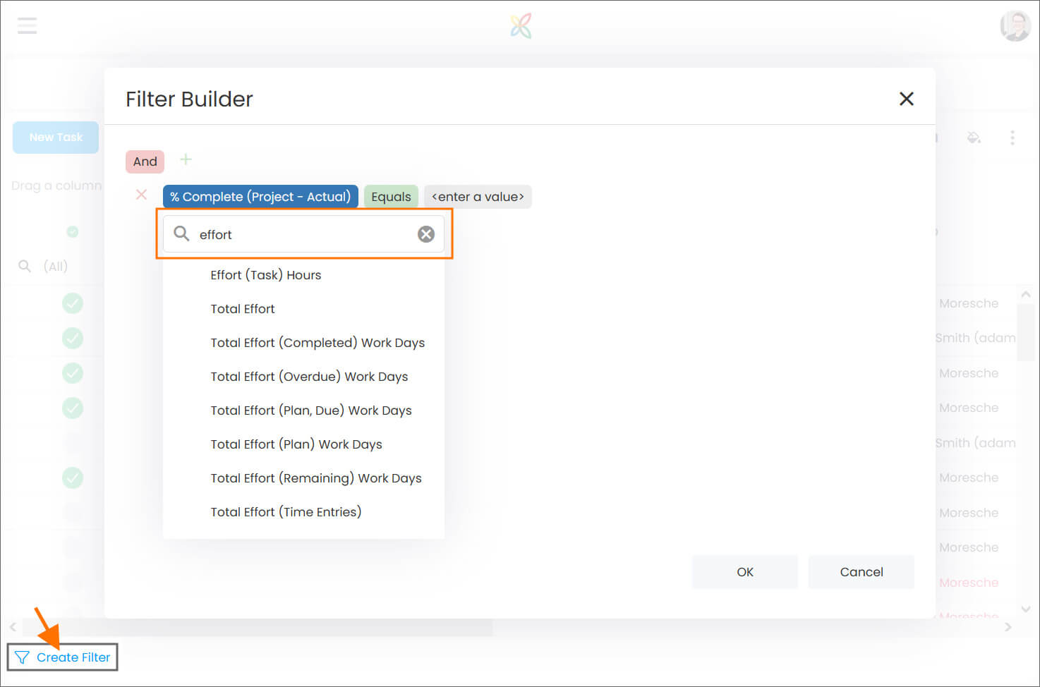 InLoox filter builder for list views