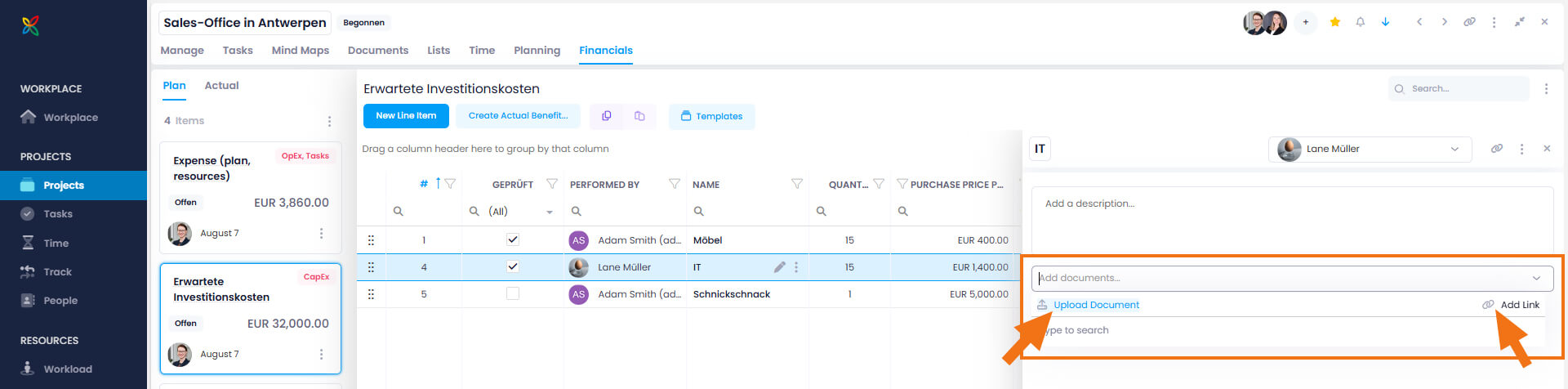 Add a document to budget line items