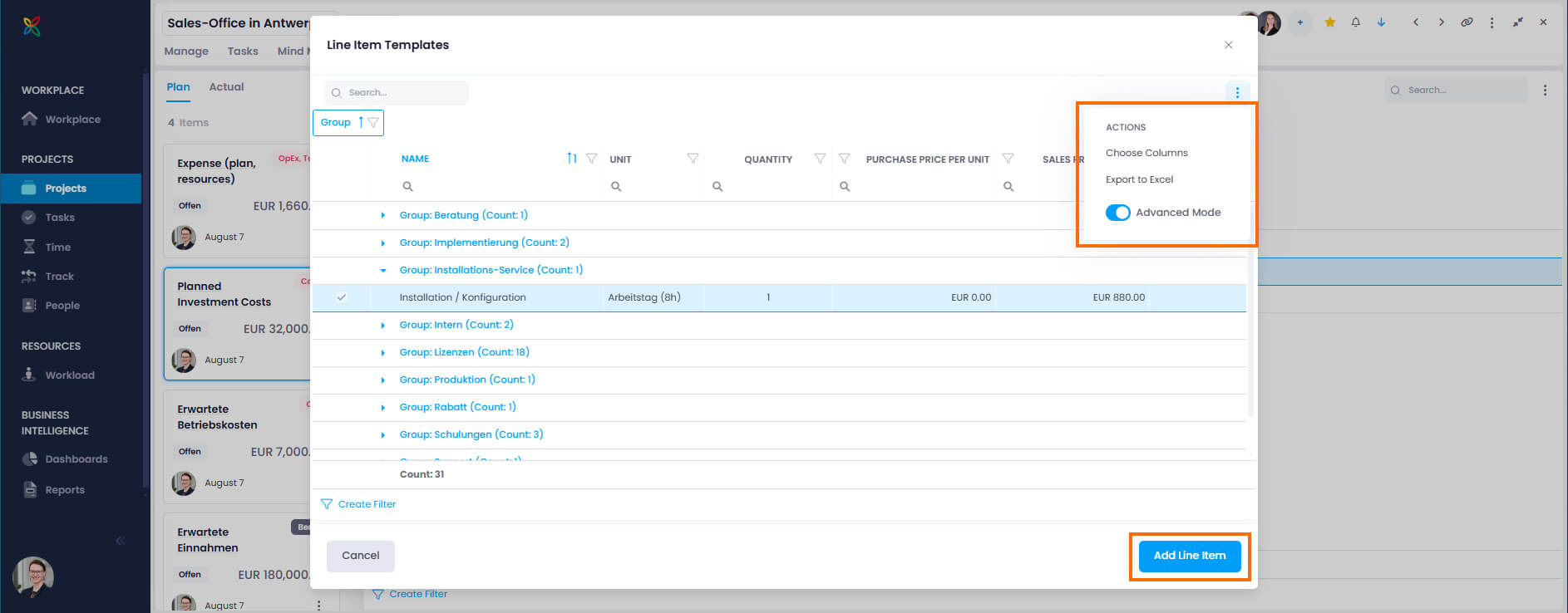 Add line item templates to financial plan
