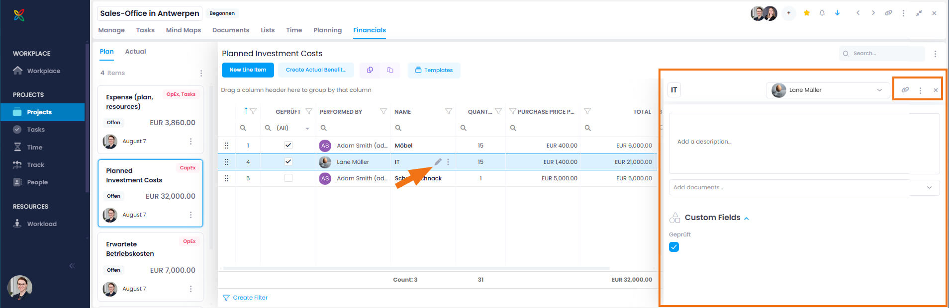 Edit budget line items in the side panel