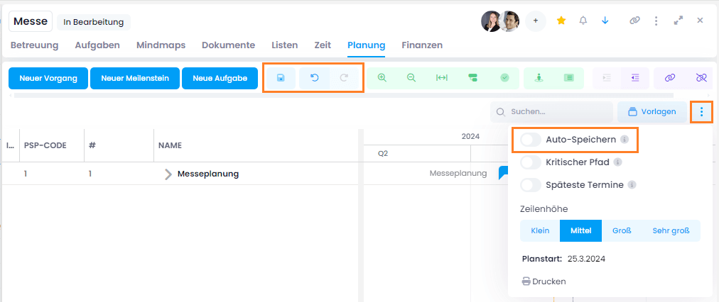 Undo and redo changes in the planning