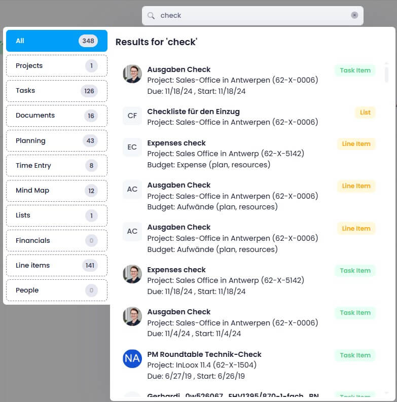 In-depth search in InLoox In-depth search in InLoox