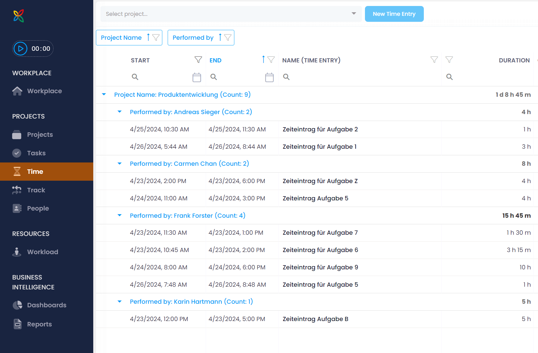 Example of grouping in the time tracking list view