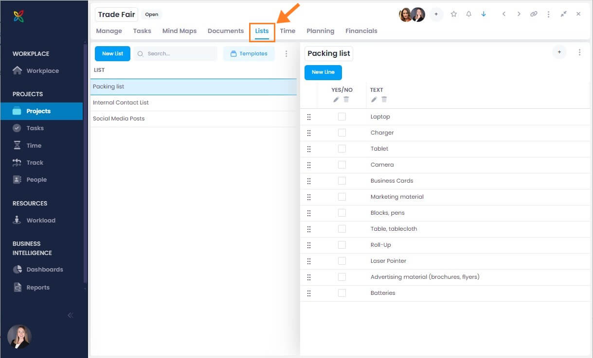 Lists in InLoox Web App