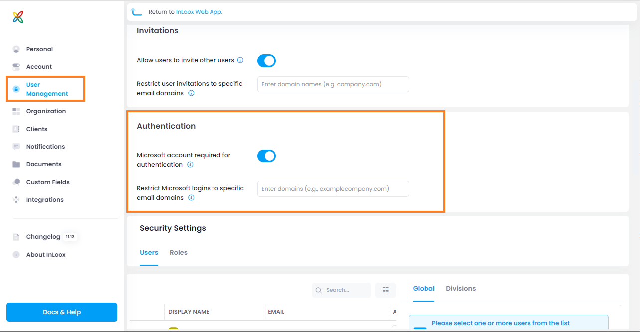 InLoox Settings - Mandatory Login via Microsoft account