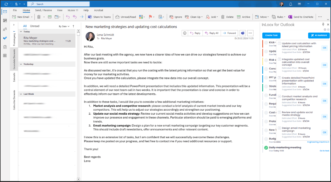 InLoox AI Assistant: Task suggestions based on email content