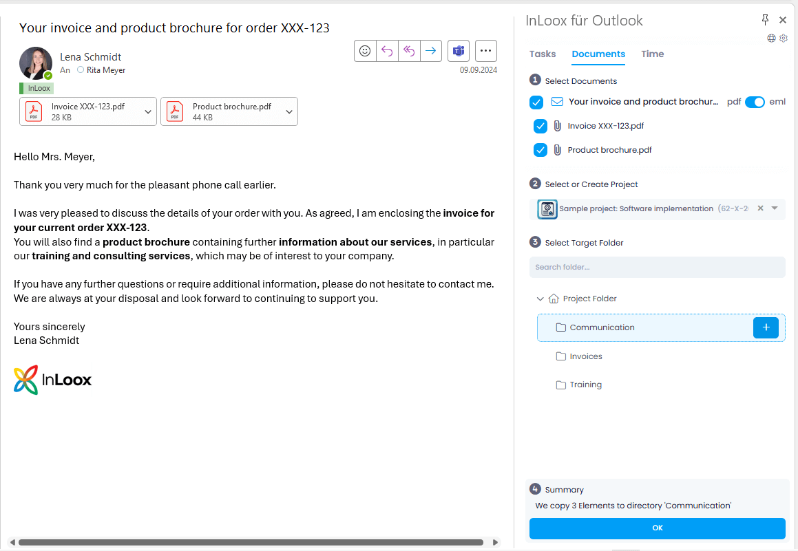 Document storage of emails and attachments in InLoox