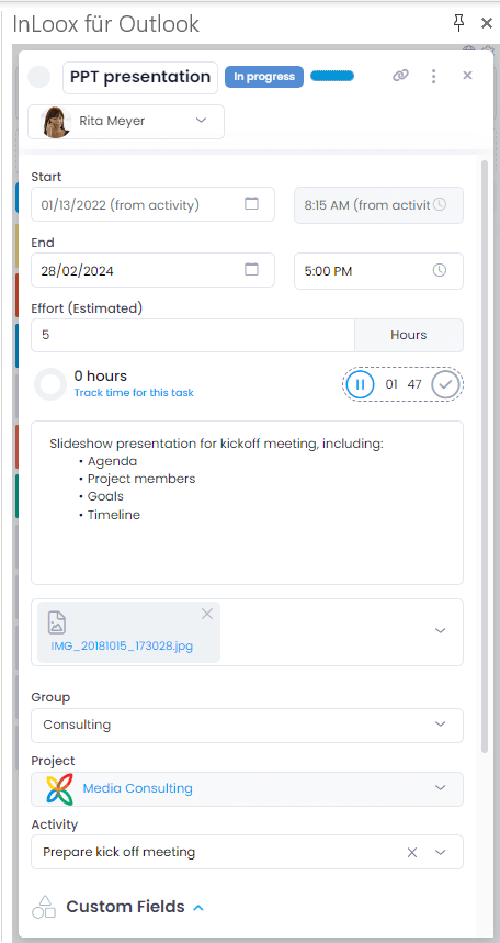 Edit task in InLoox for Outlook side panel