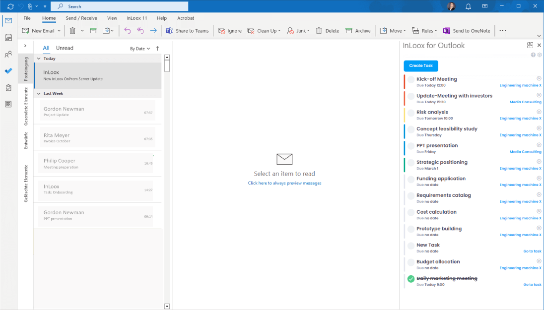 InLoox for Outlook side panel