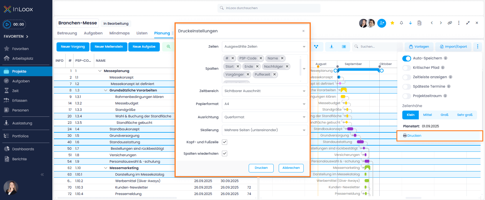 Print options for the Gantt planning