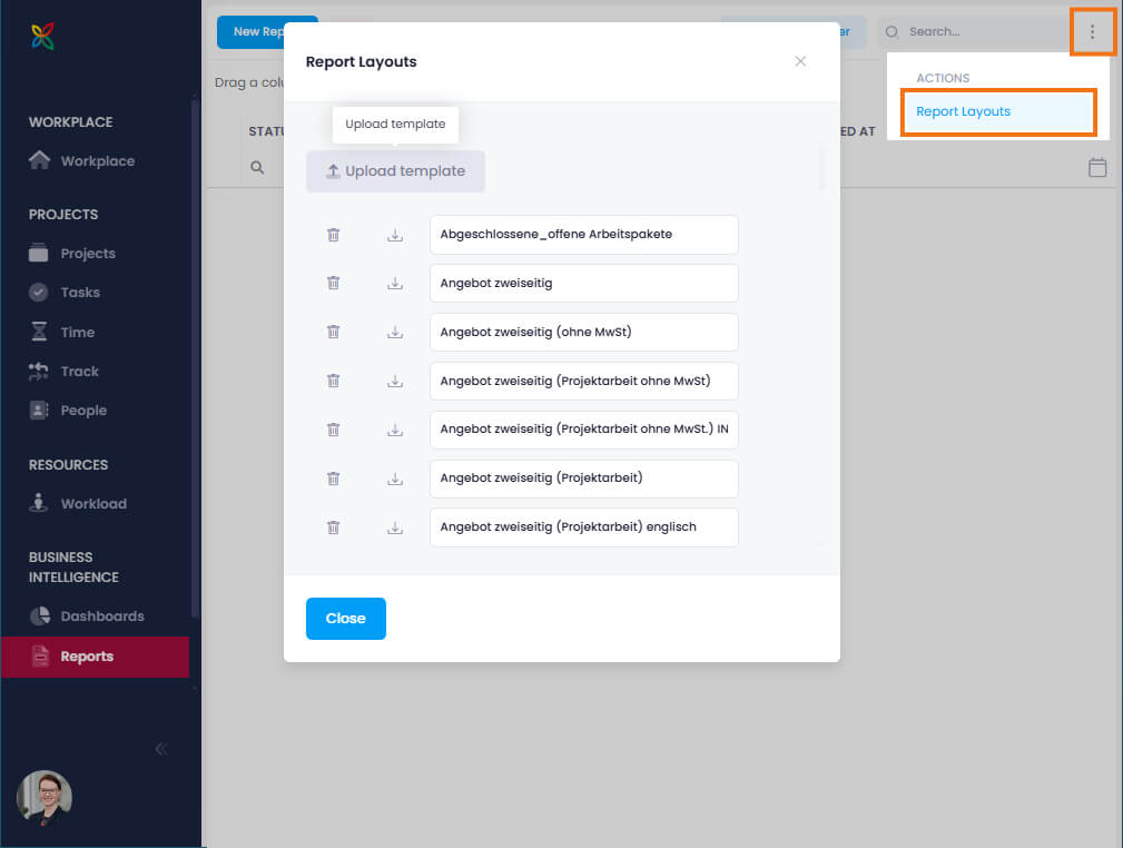 Import/export report templates