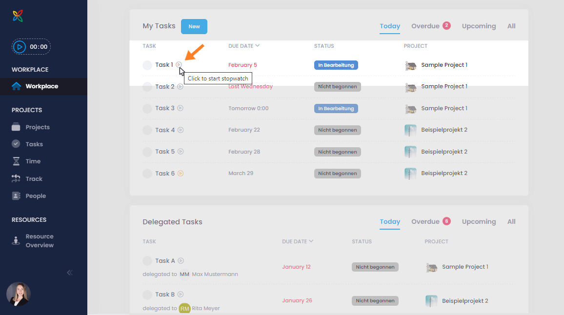 Workplace in InLoox with tasks and stopwatch feature Workplace with stopwatch feature