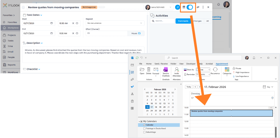 Synchronize InLoox task in Outlook calendar