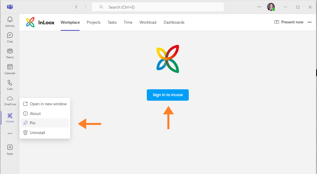 Pin the InLoox app and sign in