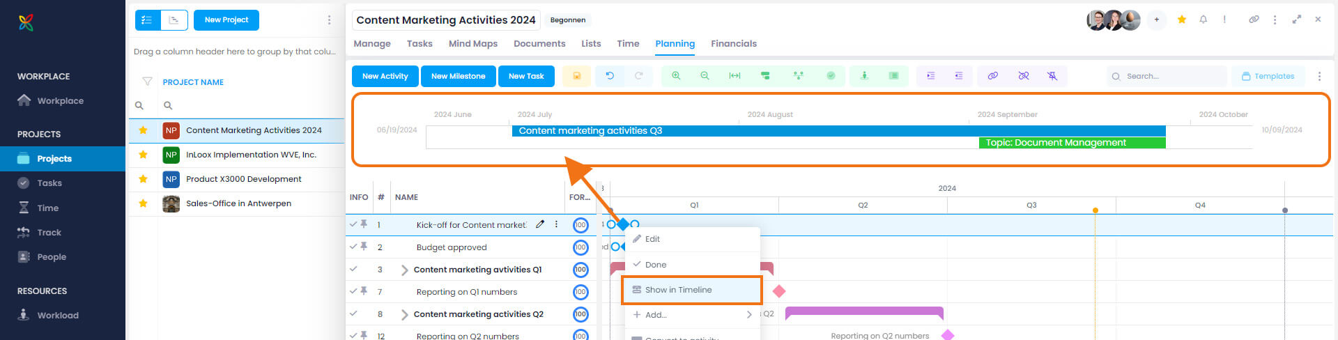 How to pin a planning element to the InLoox project timeline