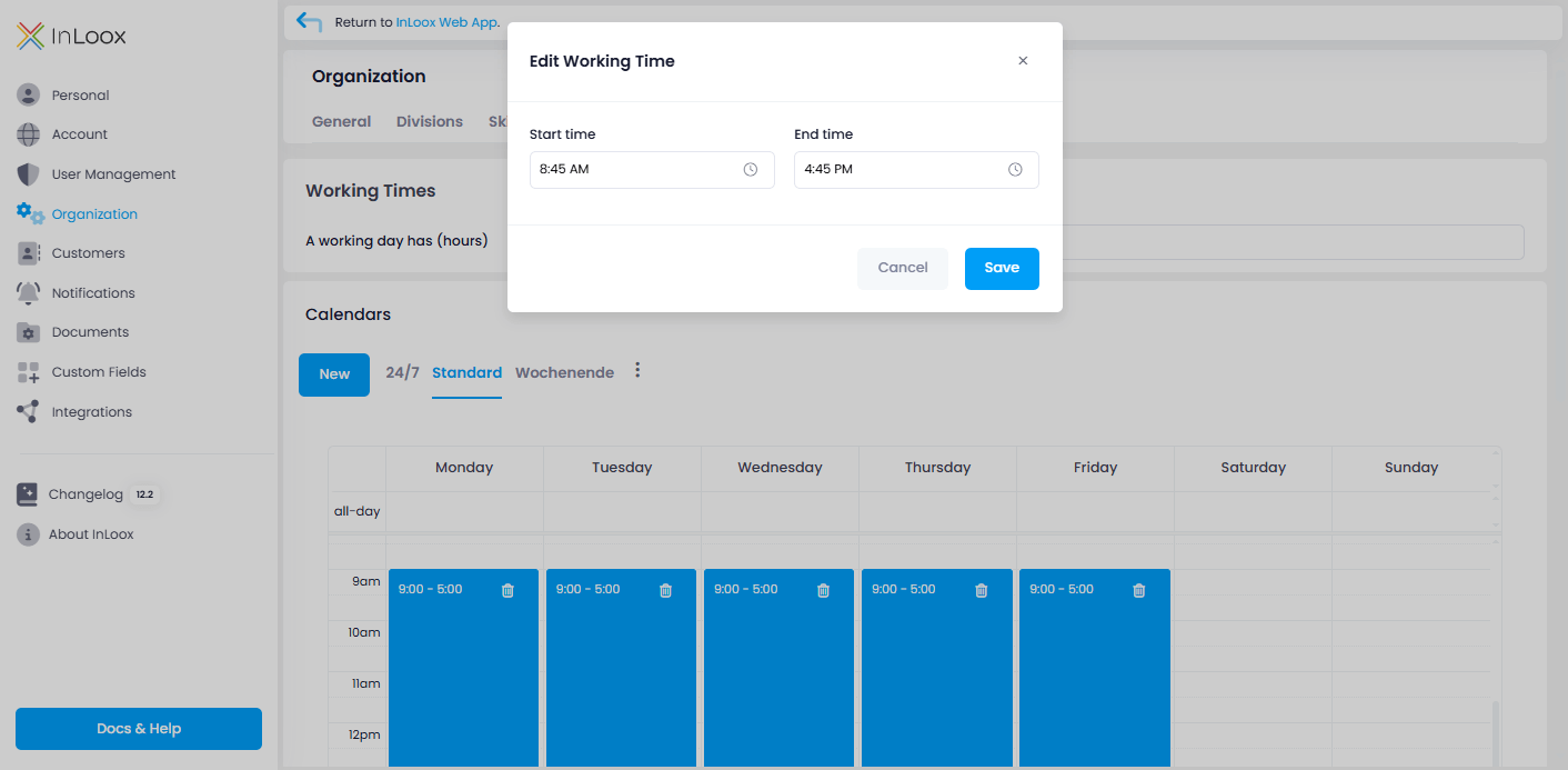 Set working time calendar down to the minute