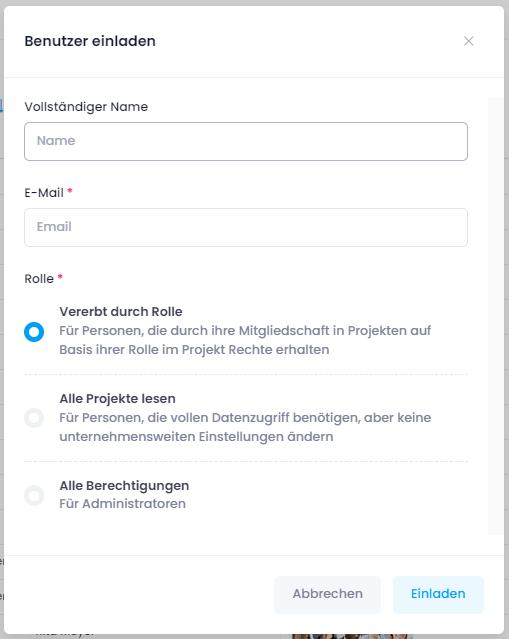 Benutzer einladen — Name, E-Mail-Adresse und Rolle