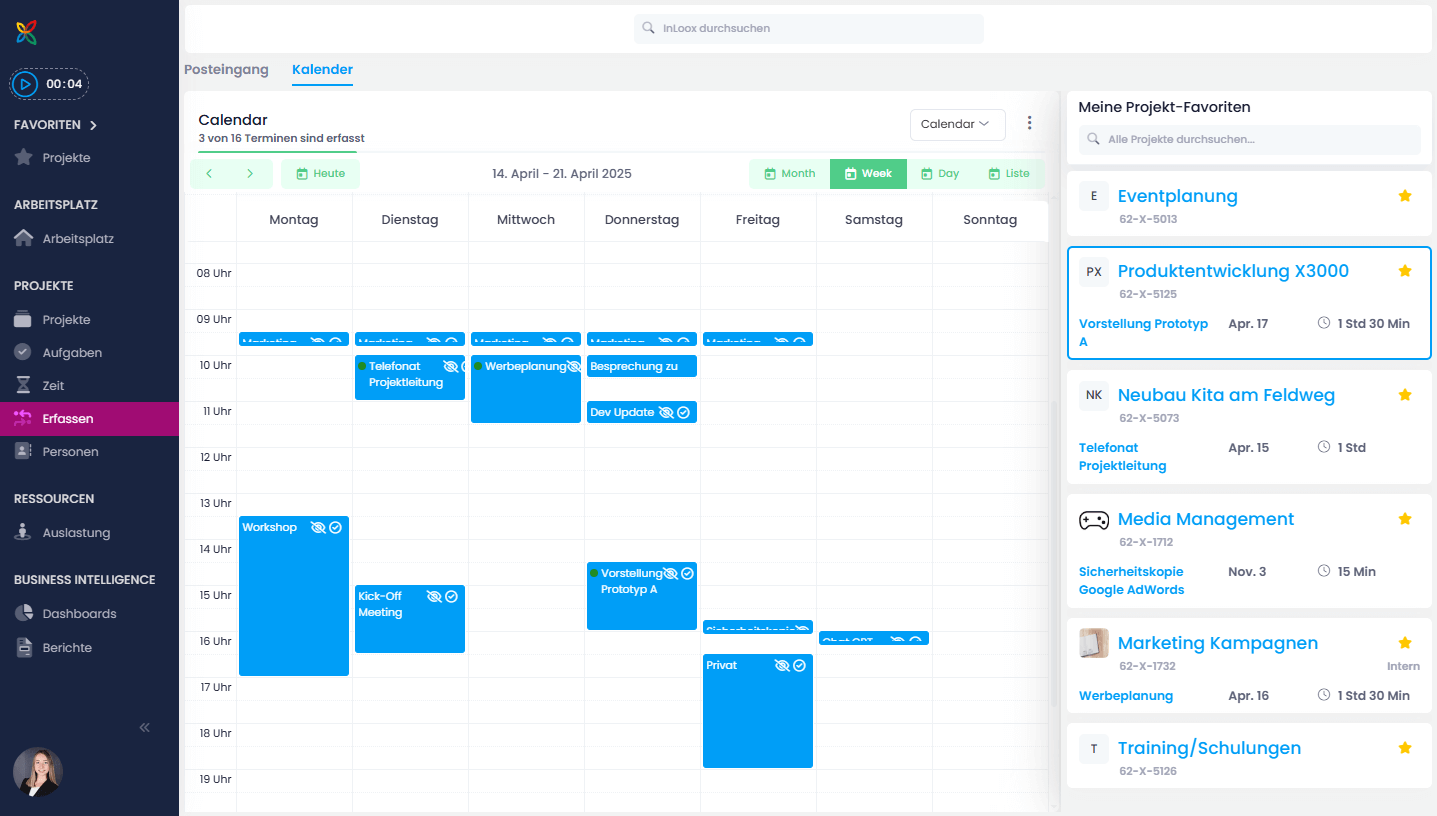Kalenderansicht für Zeiteinträge erfassen
