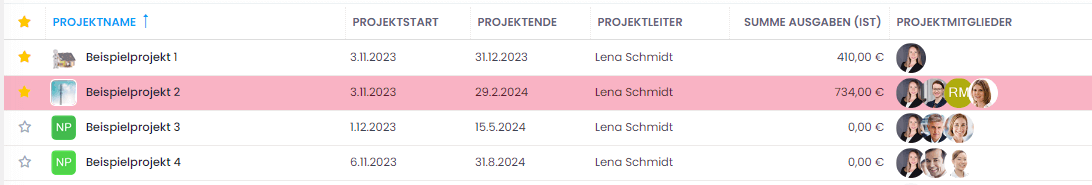 Angewandte Regel der bedingten Formatierung auf die InLoox-Projektliste Angewandte Regel der bedingten Formatierung auf die Projektliste