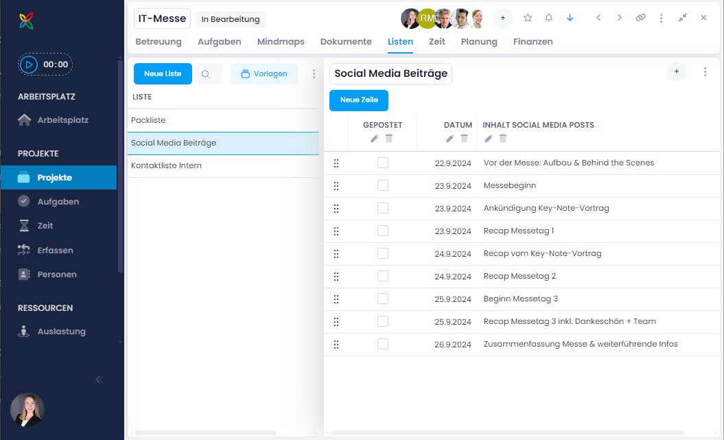 Beispiel einer Liste mit Text, Datum und Ja/Nein-Spalte