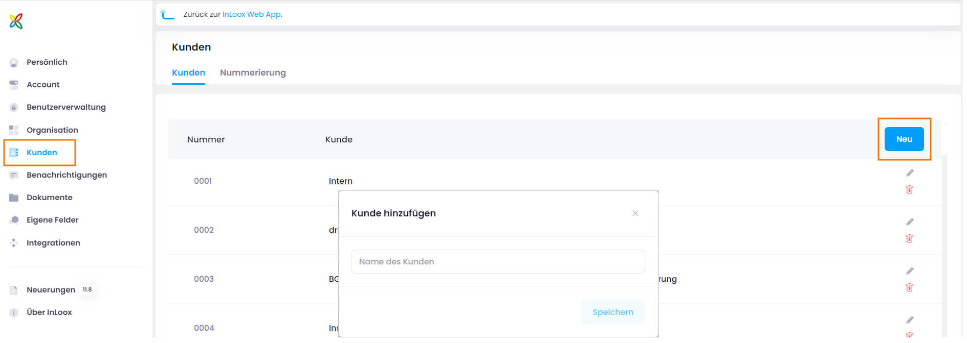 InLoox Einstellung - Kunden neu