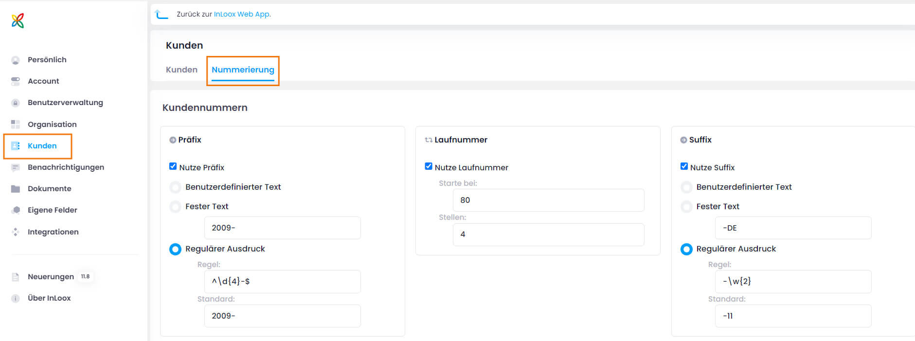 InLoox Einstellungen - Kunden Nummerierung