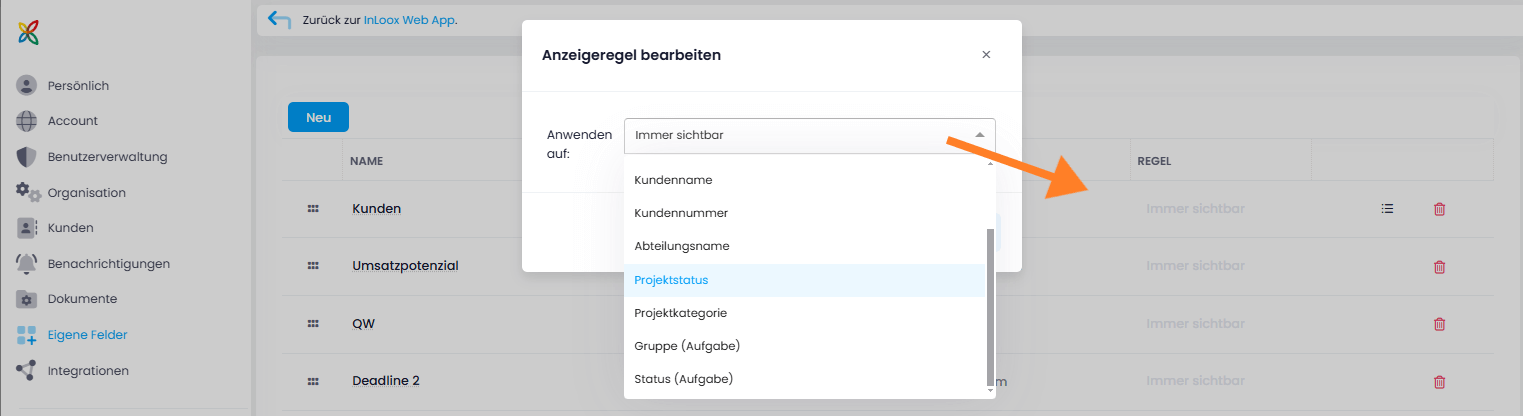 Anzeigeregeln bei Eigenen Feldern
