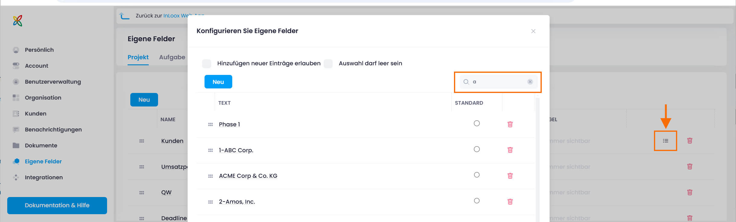 Suchen in Listeneinträgen des eigenen Feldes Typ Liste