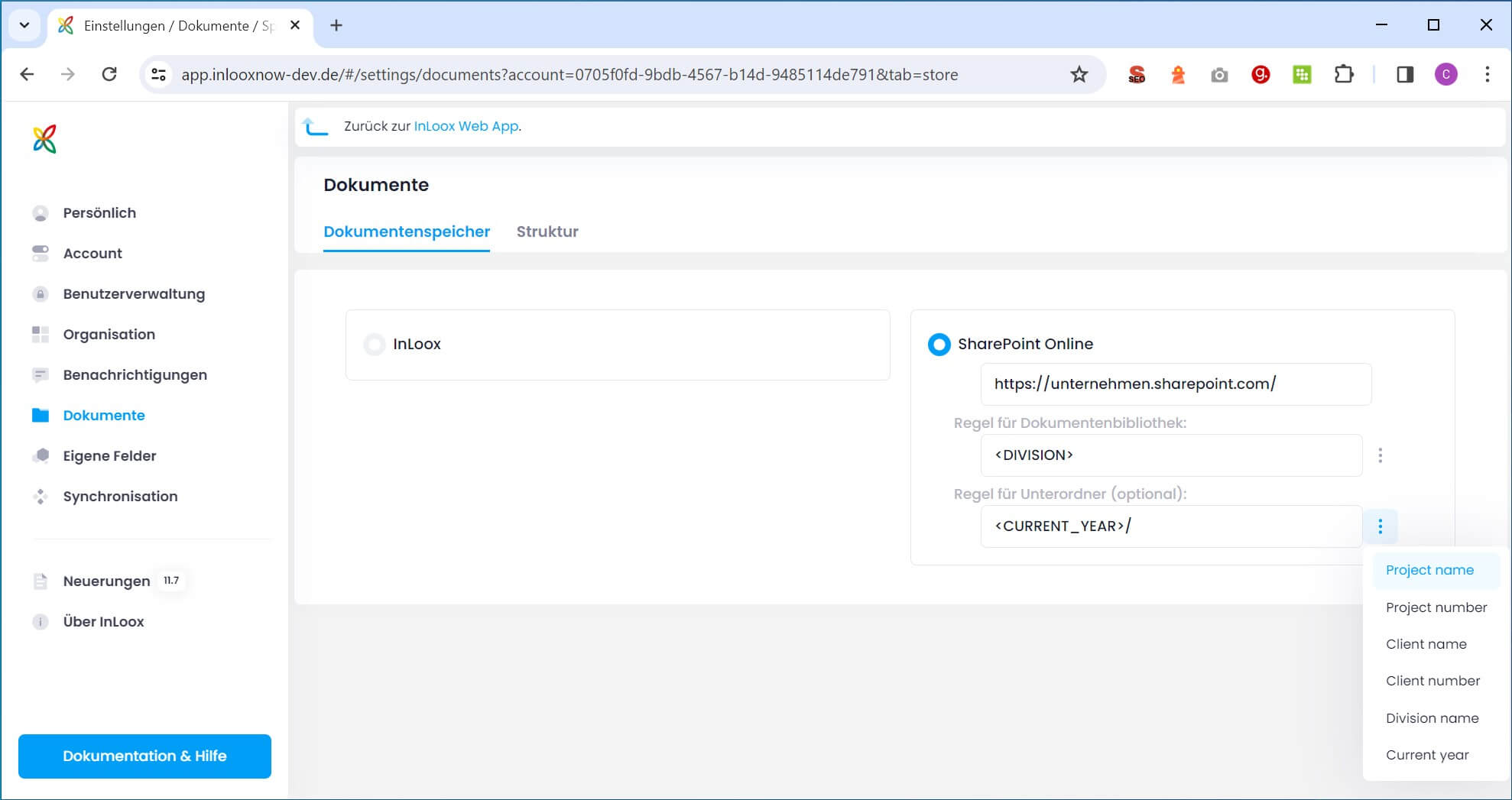 InLoox Einstellungen - SharePoint Dokumentenspeicher