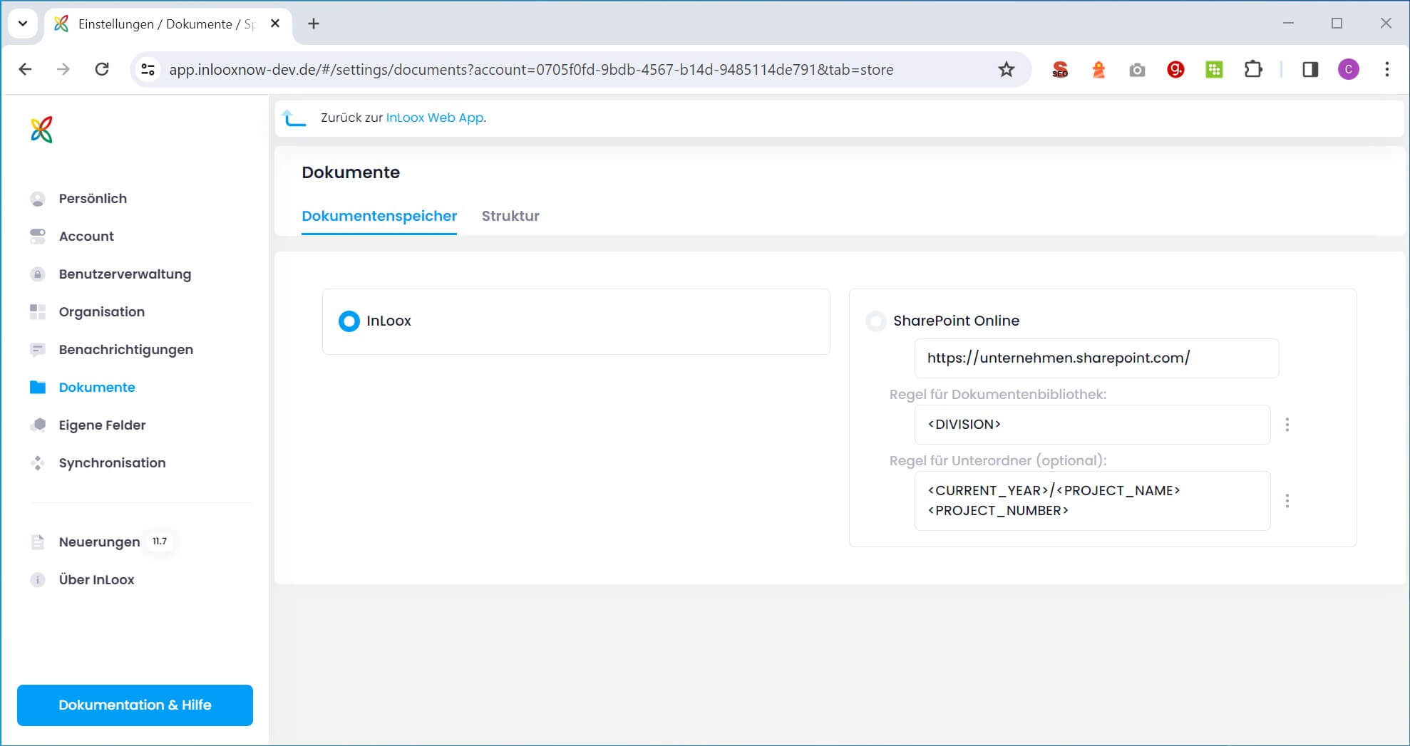 InLoox Einstellungen - Dokumentenspeicher