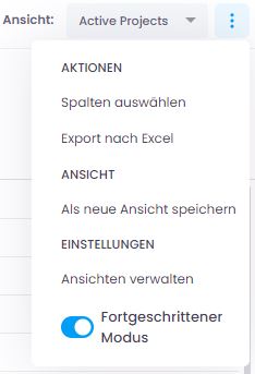 Dropdown-Menü in der Projektliste