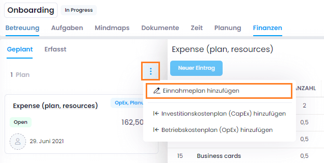 Einnahmenplan hinzufügen Einnahmenplan hinzufügen