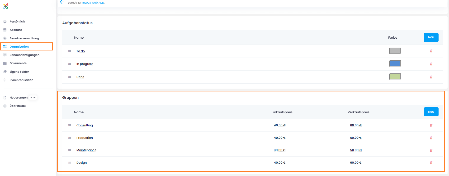 Grundlegende Daten für Finanzpläne – Gruppen mit Einkaufs- und Verkaufspreisen