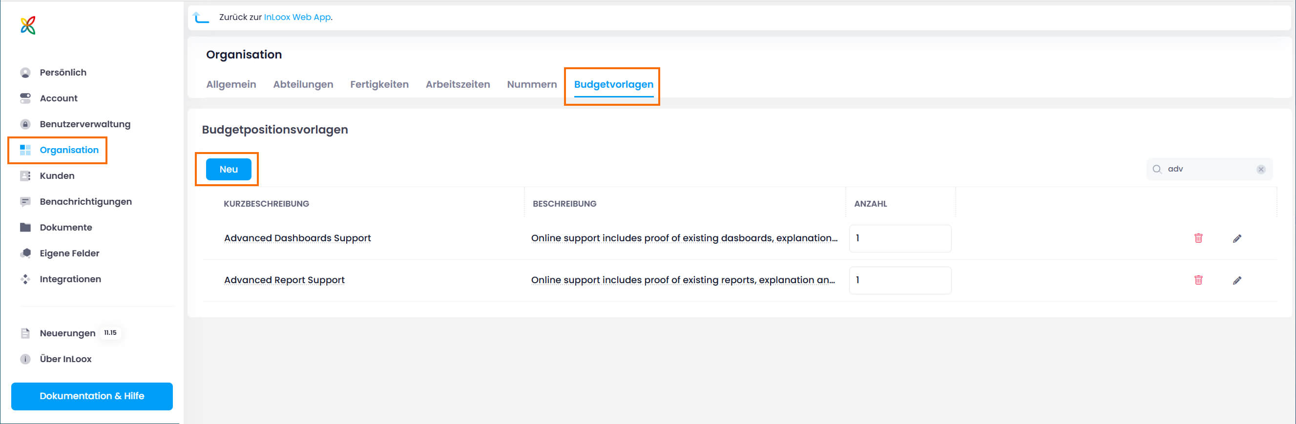 InLoox Einstellungen - Budgetpositionsvorlagen
