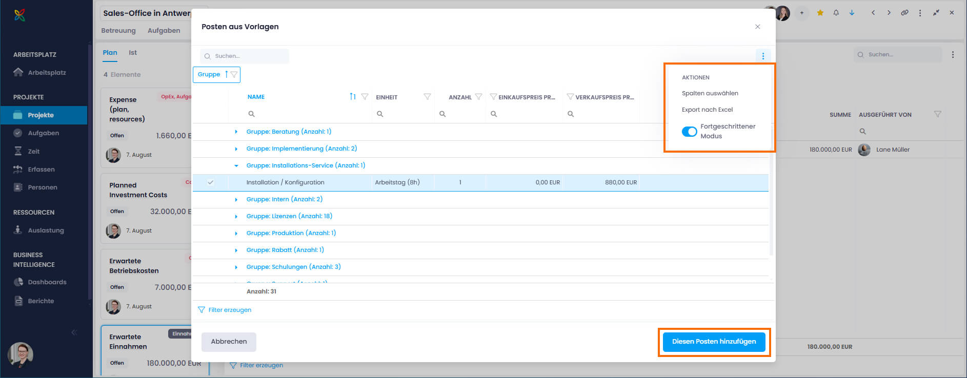 Postenvorlagen im Projektfinanzplan hinzufügen