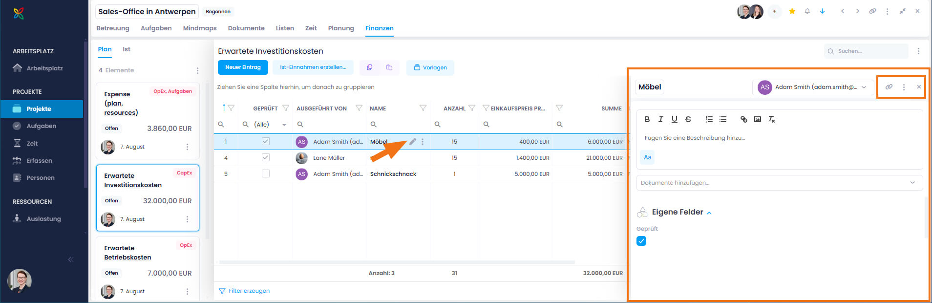 Budgetpositionen im Seitenpanel bearbeiten