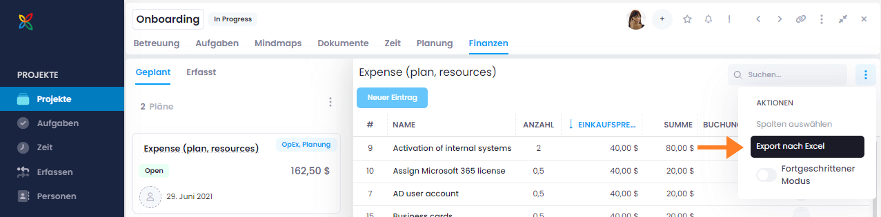 Finanzplan nach Excel exportieren