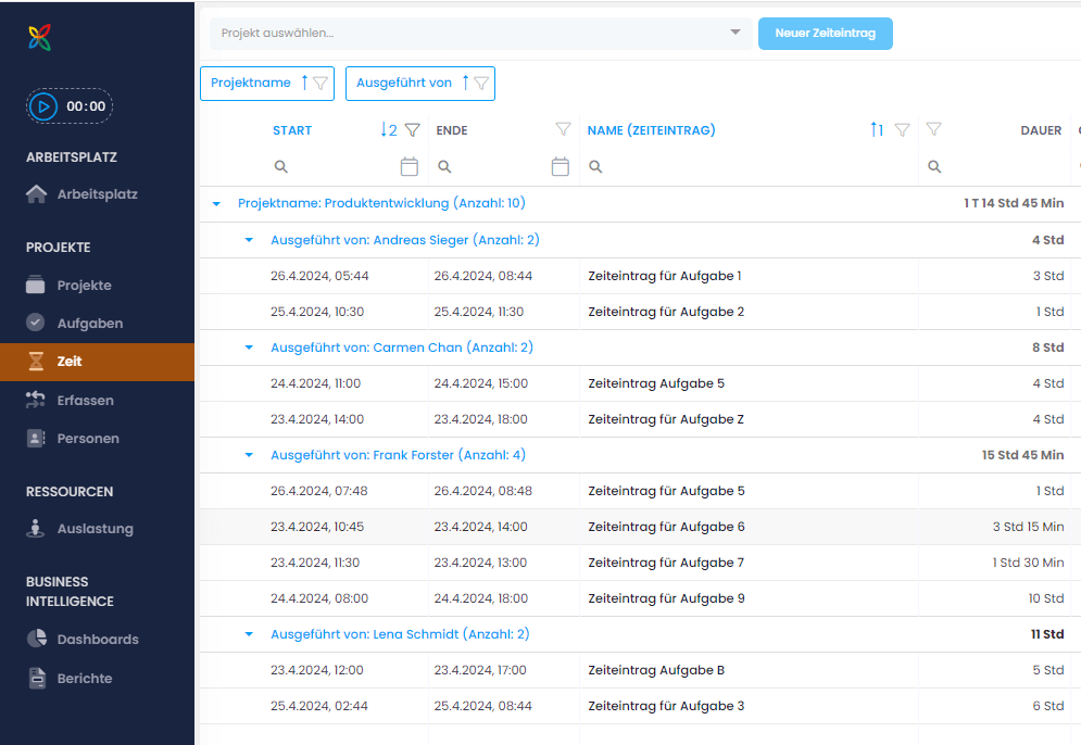 Beispiel einer Gruppierung nach 'Projektname' und 'Ausgeführt von' Beispiel einer Gruppierung in der Zeiterfassungs-Listenansicht