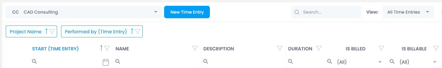 Zeiteinträge nach Projektname und ausführender Person gruppiert