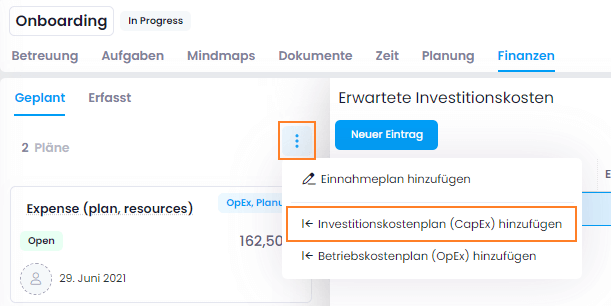 Investitionskostenplan hinzufügen